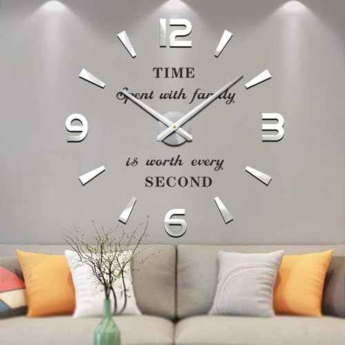 Vangold Modern Mute DIY Frameless Grande Horloge Murale 3D Mirror Sticker Metal Big Watches Décorations de Home Office-2 Ans de Garantie (Argenté-73)