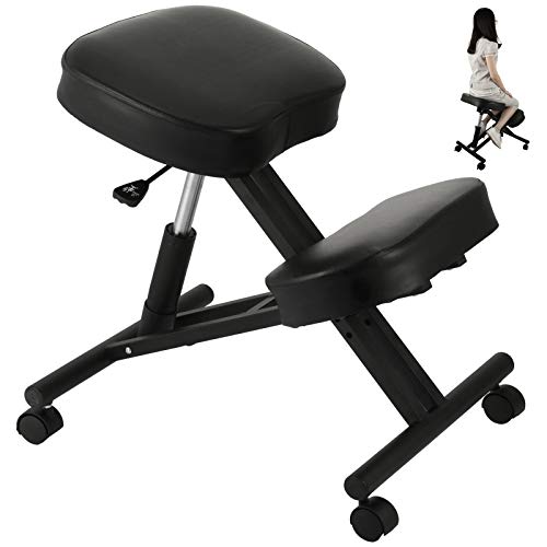 VEVOR Tabouret Ergonomique PVC Tabouret Réglable à Roulettes Capacité 90 kg Fauteuil Ergonomique à Genoux Hauteur 53-71 cm Cadre Acier pour Soulagement de Douleur Correction de Position Bureau Maison