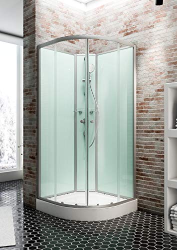 Schulte cabine de douche complète en kit 90 x 90 x 200 cm (bac de douche inclus), profilé alu-argenté, paroi arrondie en angle avec portes coulissantes, verre de sécurité, cabine intégrale