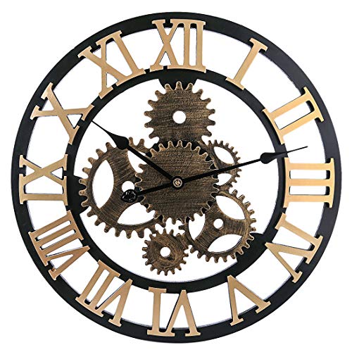 MRKE Horloge Murale Geante, 58CM 6 Gear Horloge Murale Silencieuse Bois Horloge Murale Vintage (Golden 6 Gear)