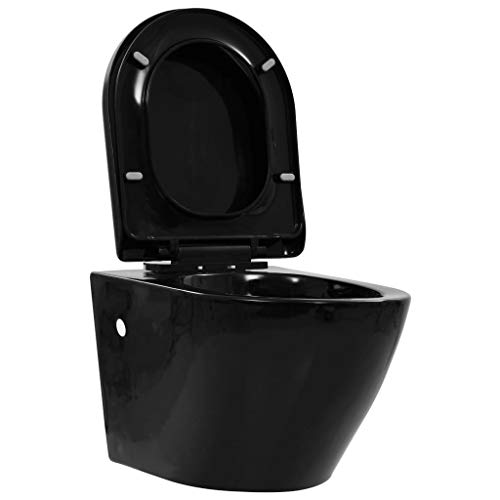 vidaXL Toilette Suspendue au Mur sans Rebord Siège de Toilette WC Toilette Cuvette Salle de Bain Maison Intérieur Durable Céramique Noir