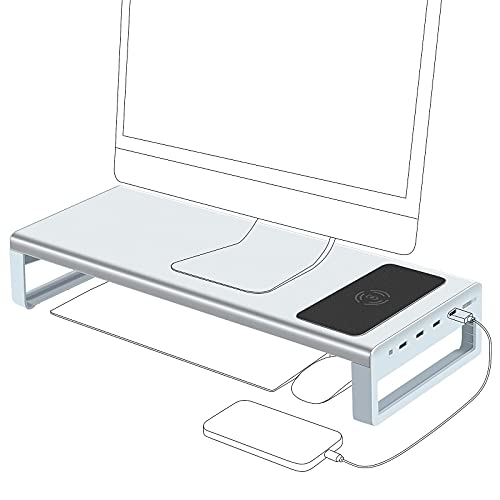 VAYDEER Support Moniteur PC avec Chargement sans Fil et USB 3.0 Rehausseur Ecran en Aluminium, Support de Support Écran Ordinateur en Métal jusqu'à 32' pour PC, Ordinateur Portable - Argent