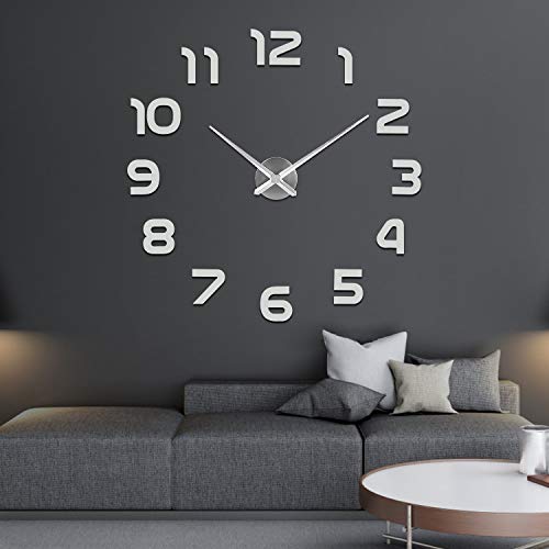 SOLEDI Horloge Murale 3D Grande Murale Horloge Silencieuse Horloge Murale Salon Horloge Murale pour La Chambre Cuisine Salle de Bain Bureau Hôtel Argenté